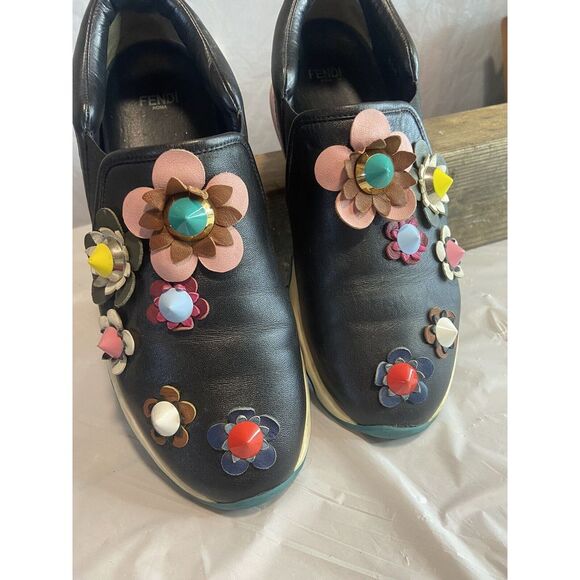 Women's Fendi Leather Trainers Multicolor Flowerland Slip Ons-Size 8-Slight Flaw